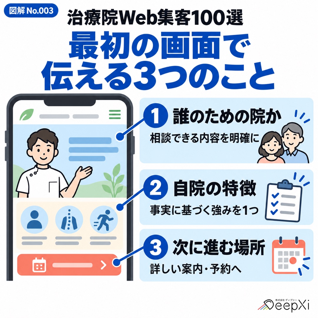 誰のための院か、自院の特徴、次に進む場所の3項目を示した治療院Webサイト向け図解。