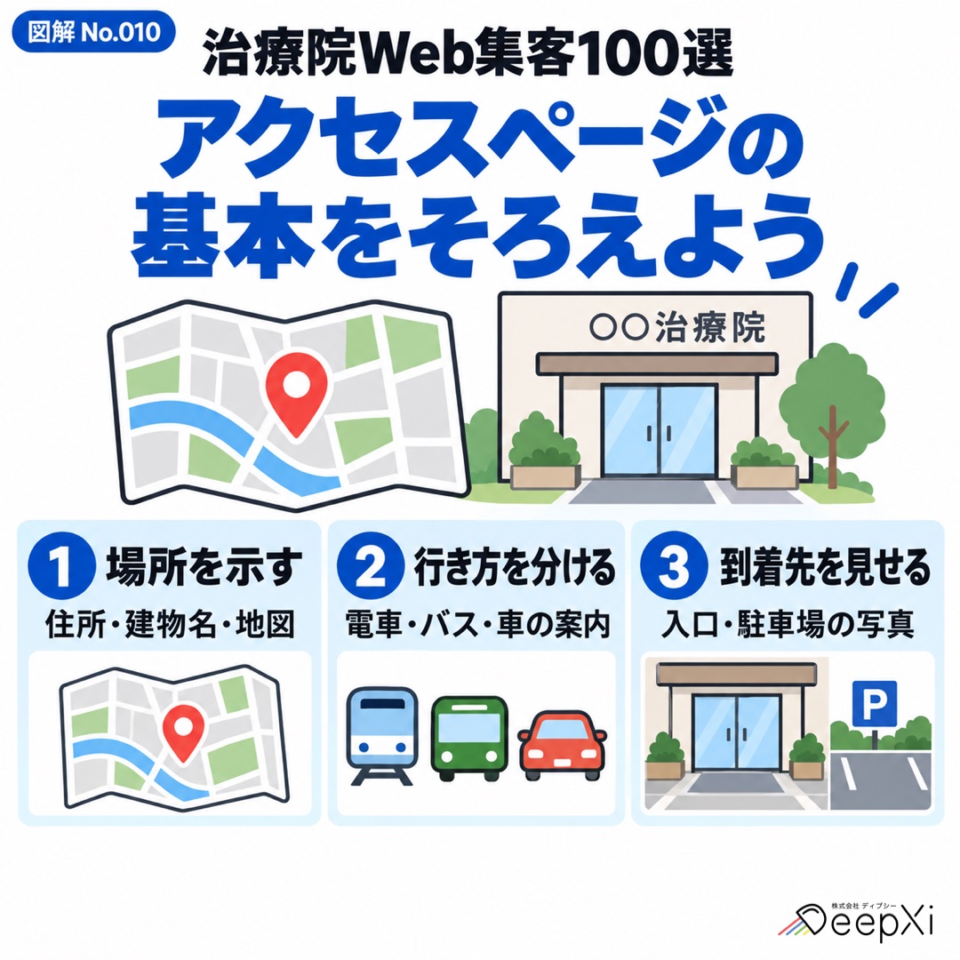 場所を示す、行き方を分ける、到着先を見せるの3項目を示した治療院Webサイト向け図解。