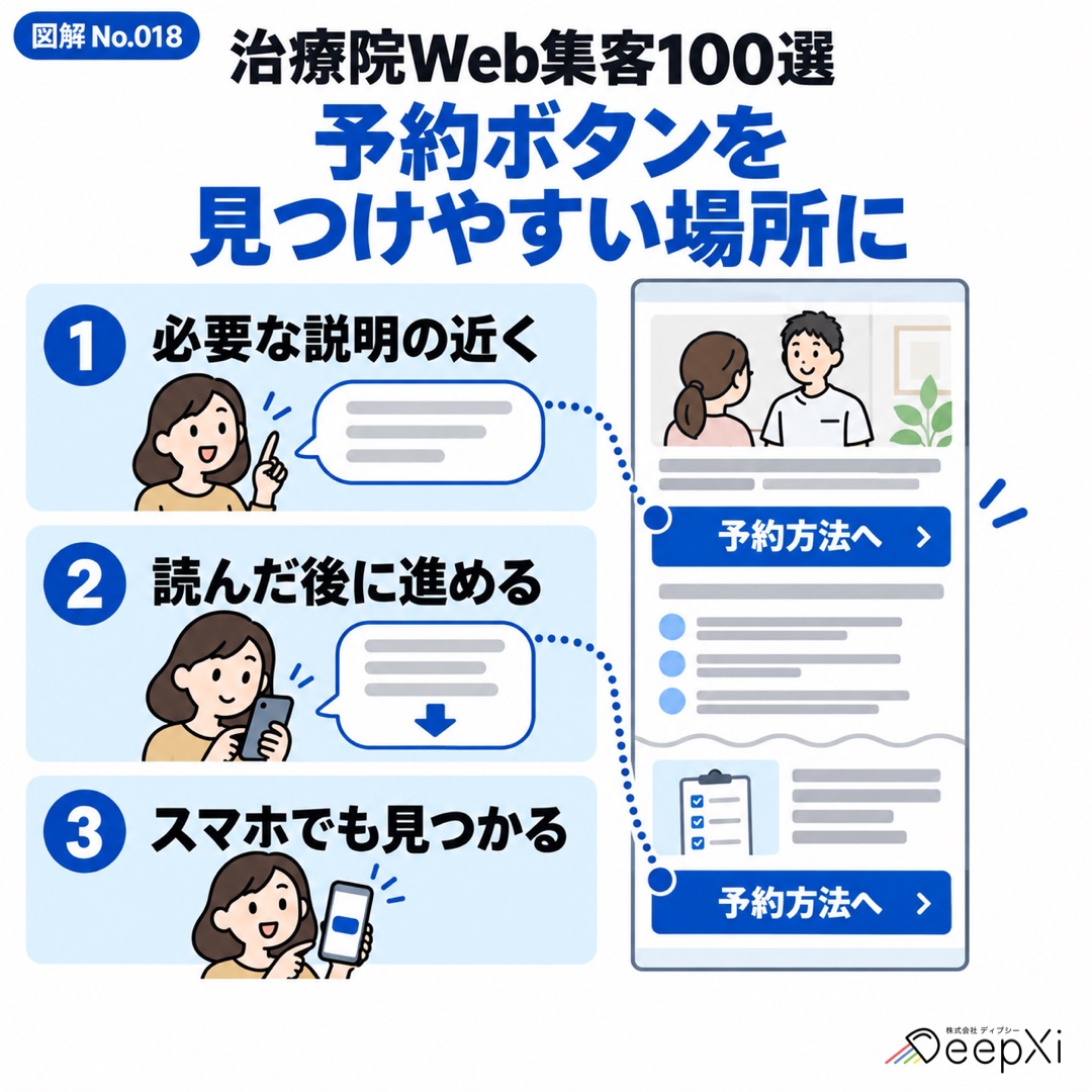 予約ボタンを 見つけやすい場所に。必要な説明の近く、読んだ後に進める、スマホでも見つかる