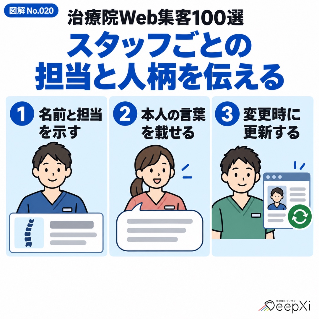 スタッフごとの 担当と人柄を伝える。名前と担当を示す、本人の言葉を載せる、変更時に更新する