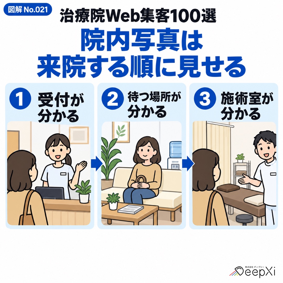 受付・待合室・施術室など、来院前に確認したい院内写真の見せ方