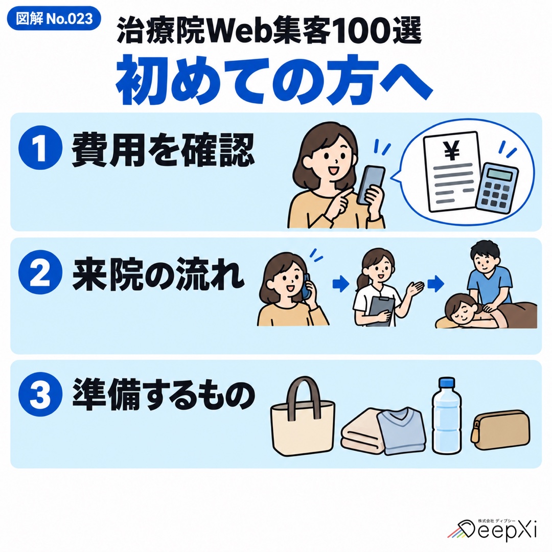 初めての方へ 必要な案内をまとめる。費用を確認、来院の流れ、準備するもの