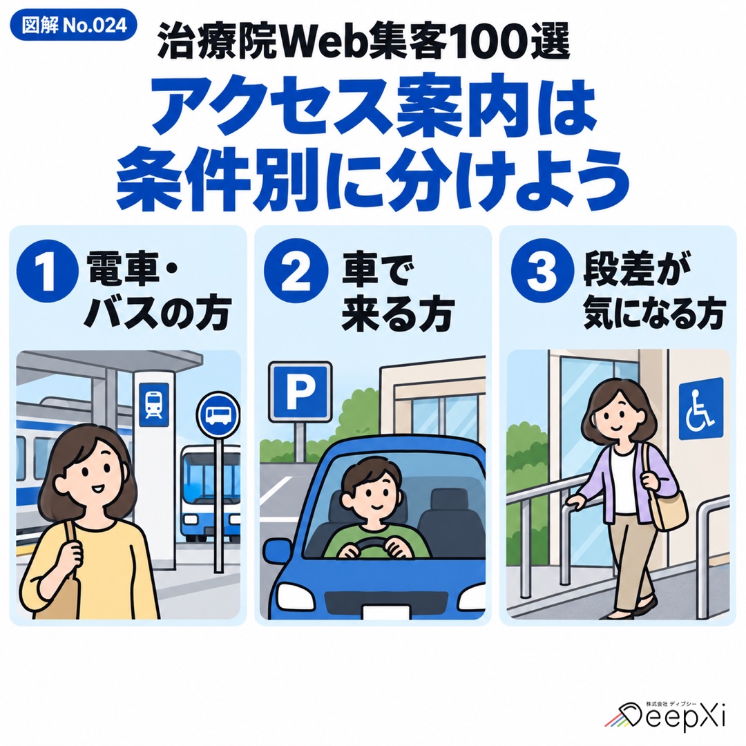 アクセス案内は 条件別に分けよう。電車・バスの方、車で来る方、段差が気になる方