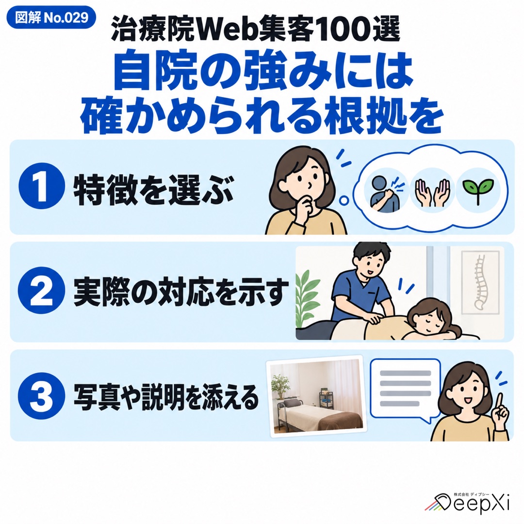 自院の強みには 確かめられる根拠を。特徴を選ぶ、実際の対応を示す、写真や説明を添える