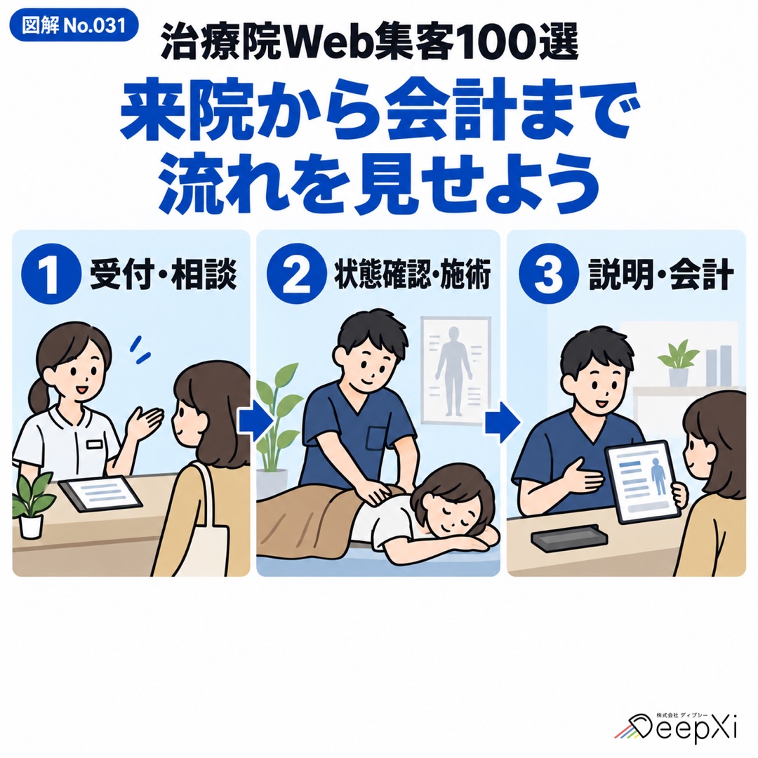 来院から会計まで 流れを見せよう。受付・相談、状態確認・施術、説明・会計