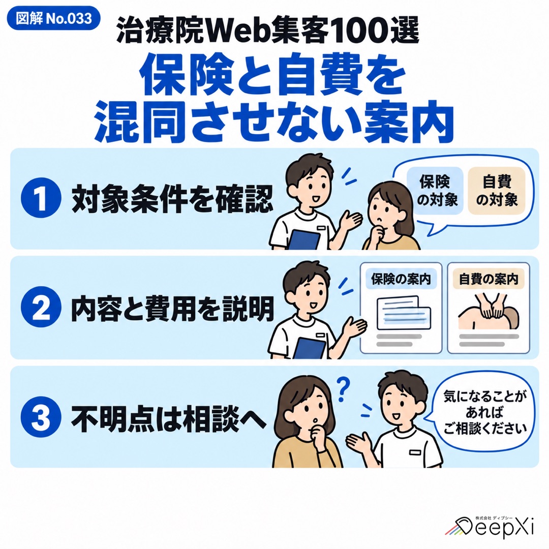 保険と自費を 混同させない案内。対象条件を確認、内容と費用を説明、不明点は相談へ
