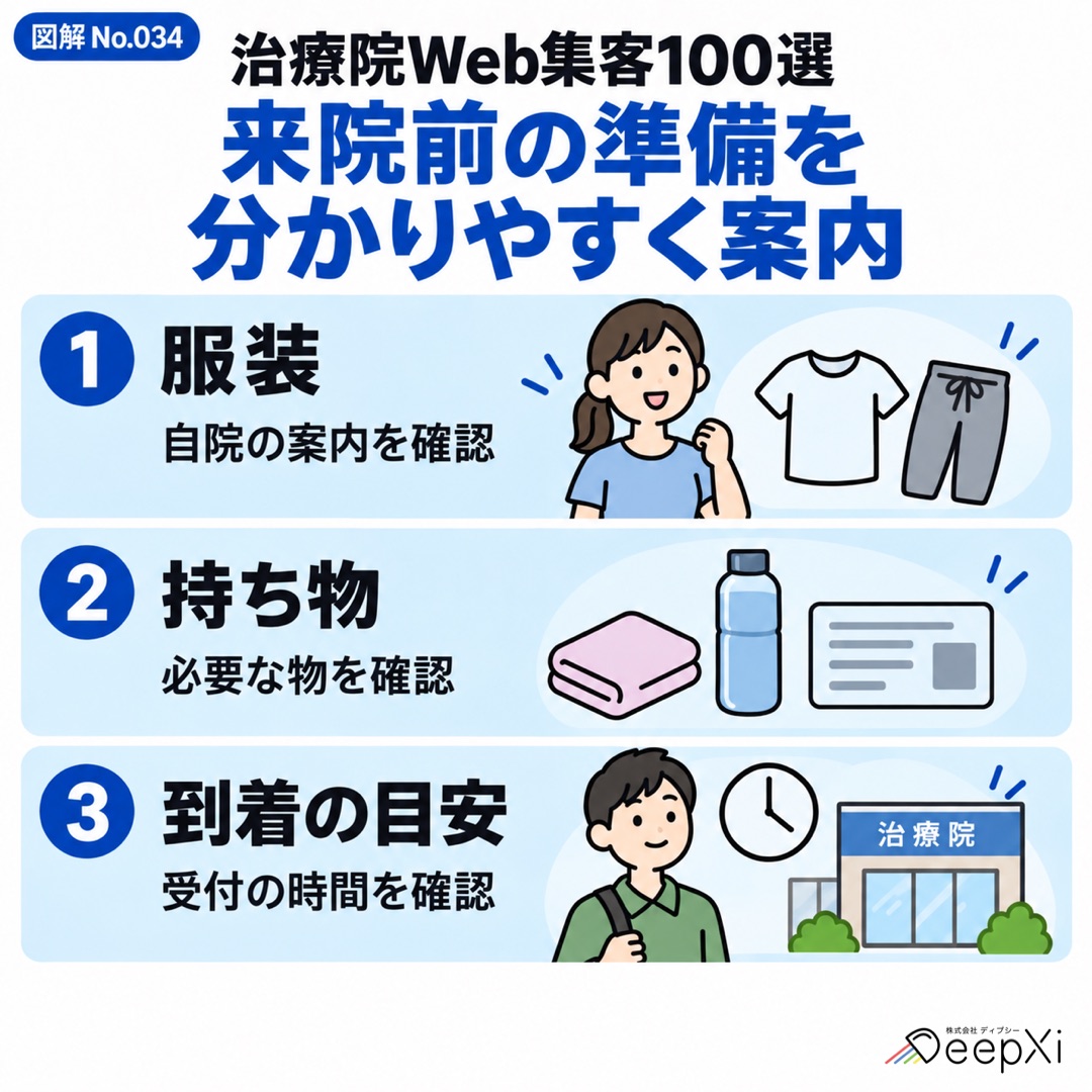 来院前の準備を 分かりやすく案内。服装、持ち物、到着の目安