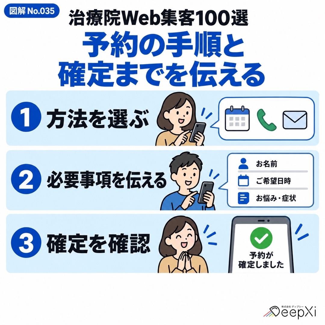 予約の手順と
確定までを伝える。方法を選ぶ、必要事項を伝える、確定を確認