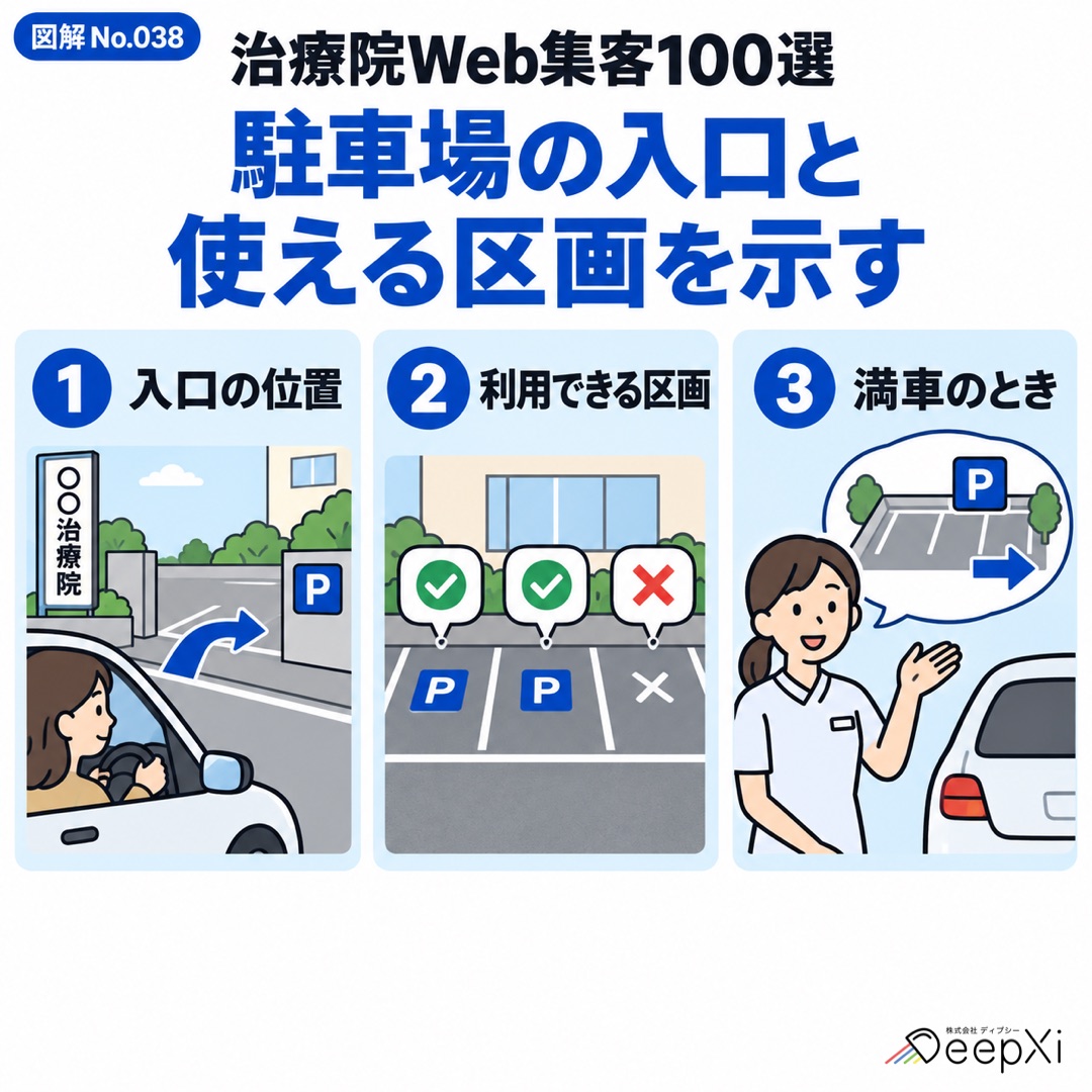 駐車場の入口と 使える区画を示す。入口の位置、利用できる区画、満車のとき