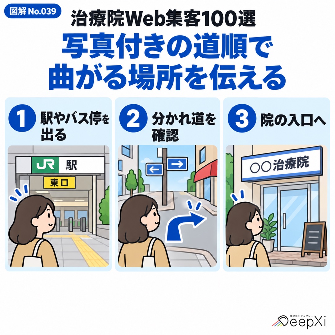 写真付きの道順で 曲がる場所を伝える。駅やバス停を出る、分かれ道を確認、院の入口へ