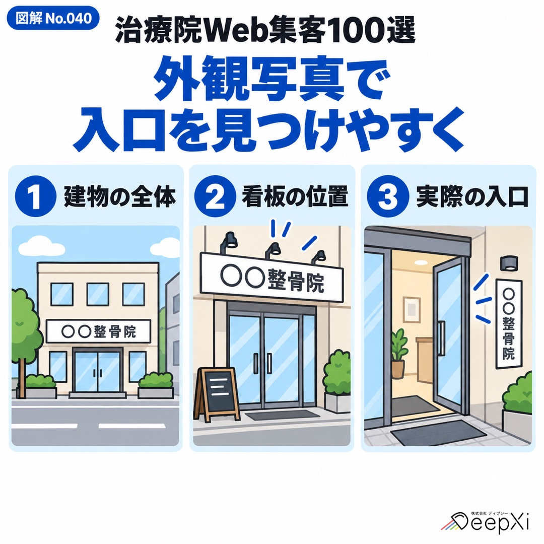 外観写真で 入口を見つけやすく。建物の全体、看板の位置、実際の入口