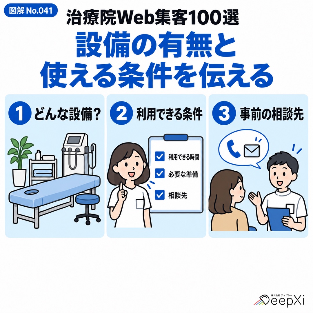 設備の有無と 使える条件を伝える。どんな設備？、利用できる条件、事前の相談先