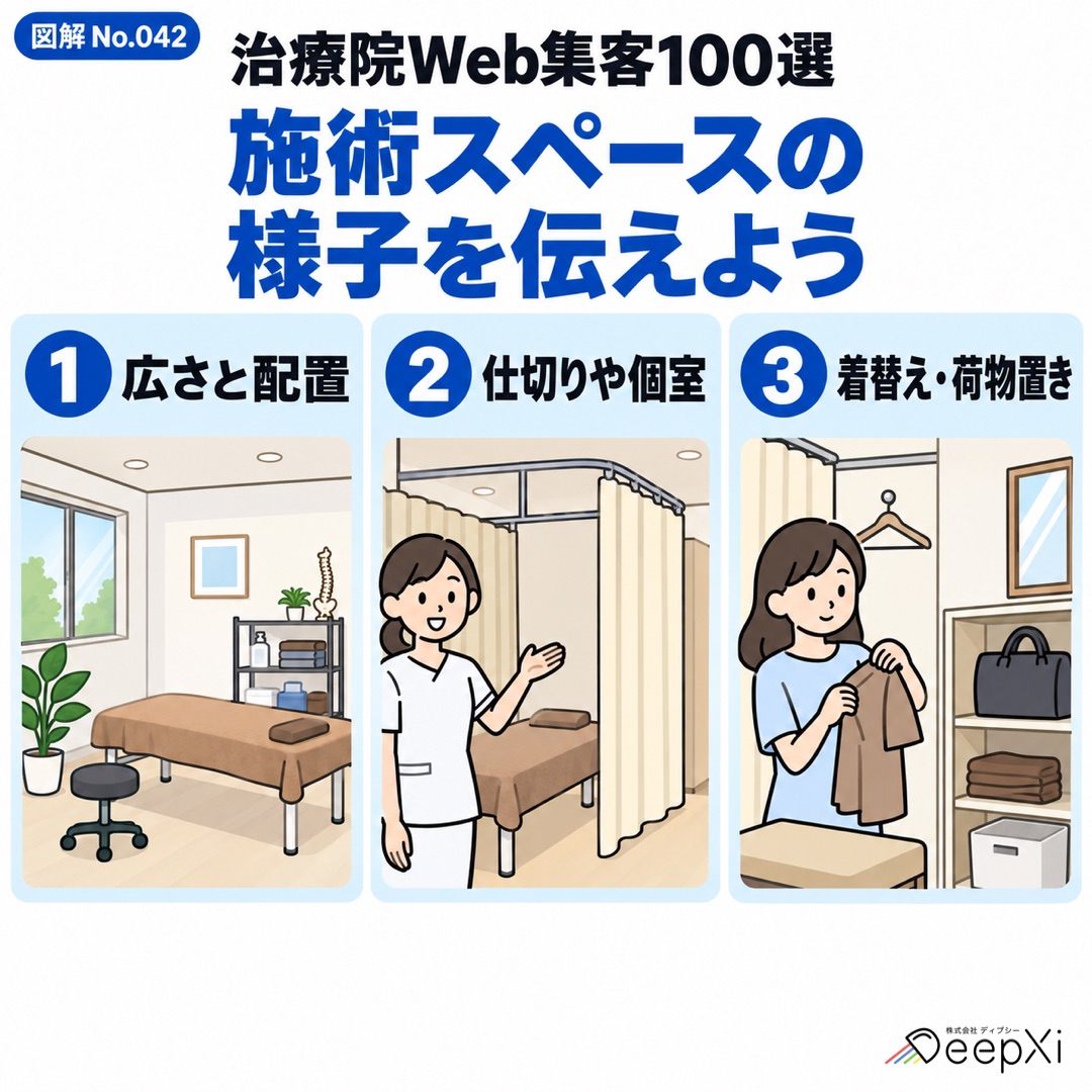 施術スペースの 様子を伝えよう。広さと配置、仕切りや個室、着替え・荷物置き