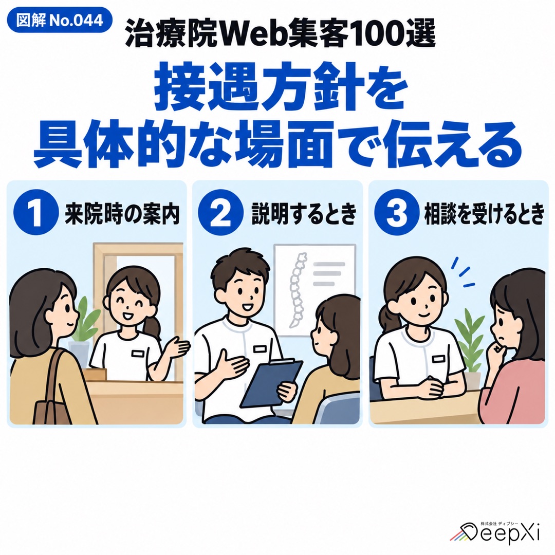 接遇方針を 具体的な場面で伝える。来院時の案内、説明するとき、相談を受けるとき
