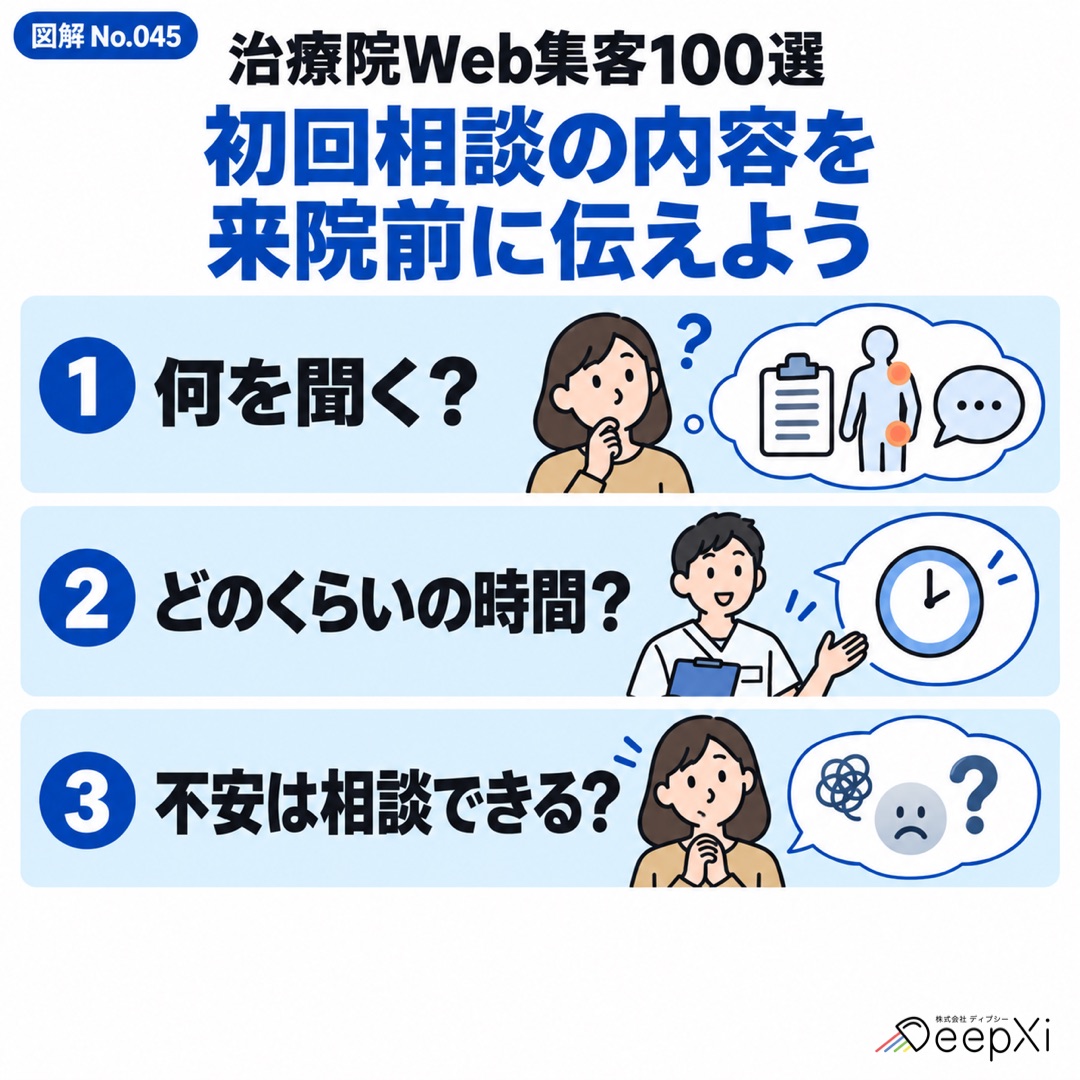 初回相談の内容を 来院前に伝えよう。何を聞く？、どのくらいの時間？、不安は相談できる？