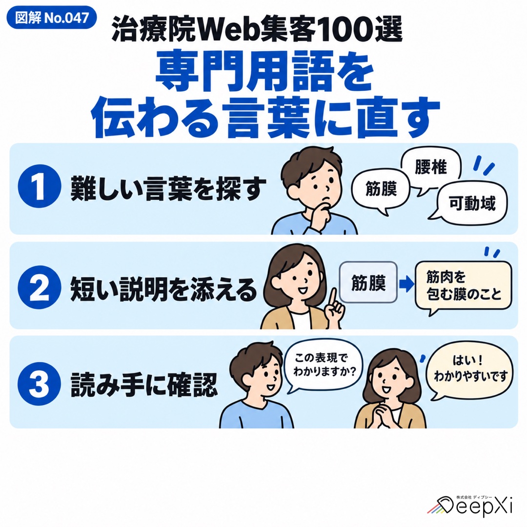 専門用語を
伝わる言葉に直す。難しい言葉を探す、短い説明を添える、読み手に確認
