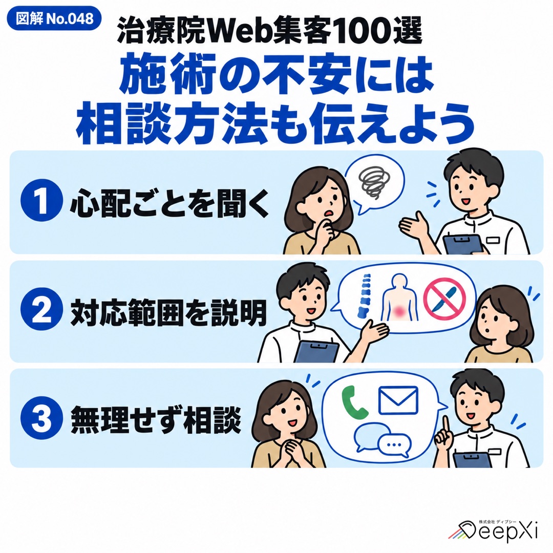 施術の不安には 相談方法も伝えよう。心配ごとを聞く、対応範囲を説明、無理せず相談