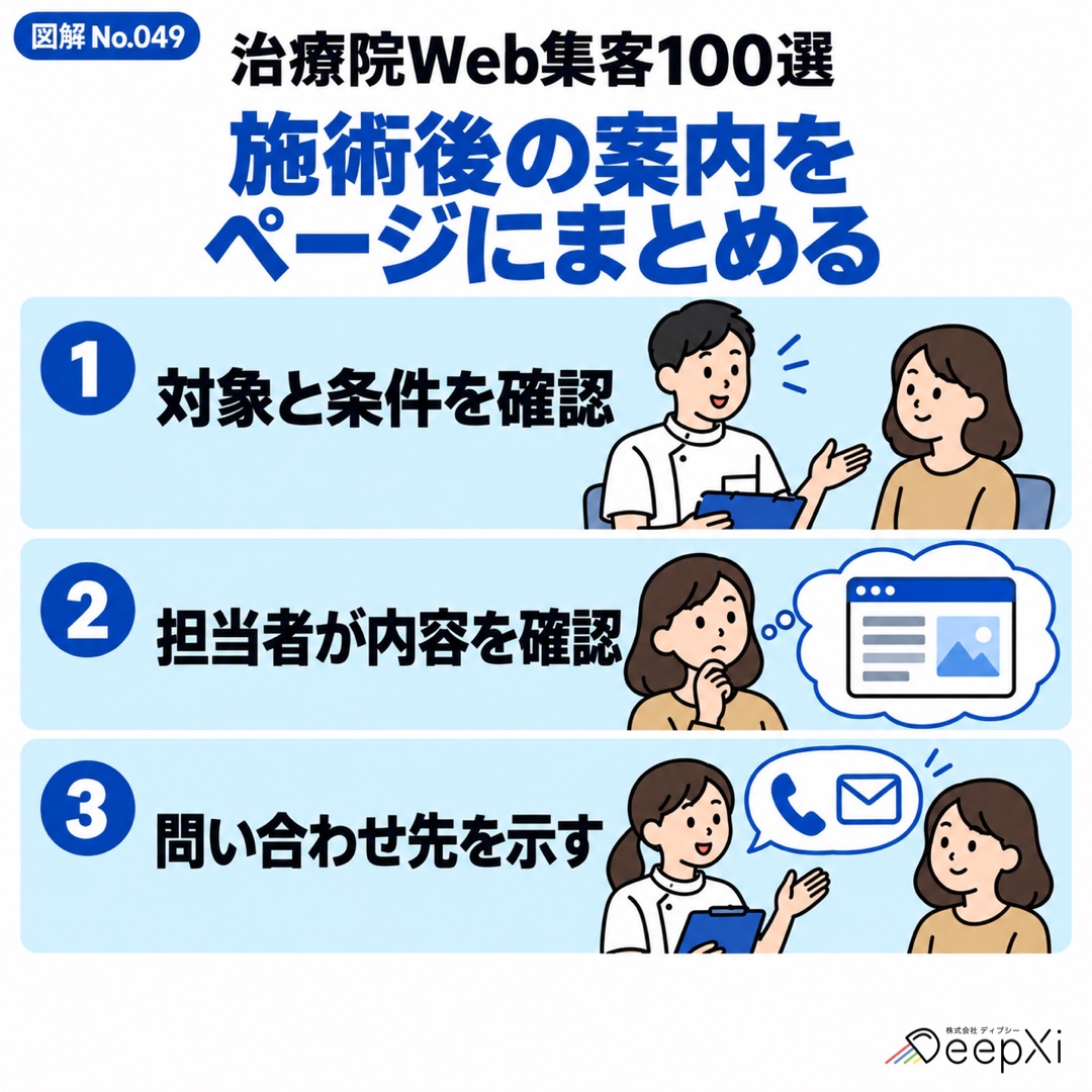 施術後の案内を ページにまとめる。対象と条件を確認、担当者が内容を確認、問い合わせ先を示す