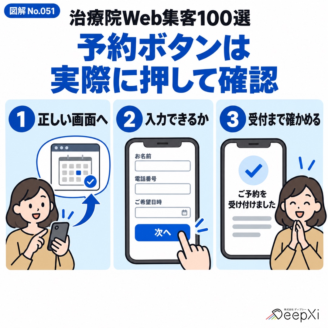 予約ボタンは
実際に押して確認。正しい画面へ、入力できるか、受付まで確かめる