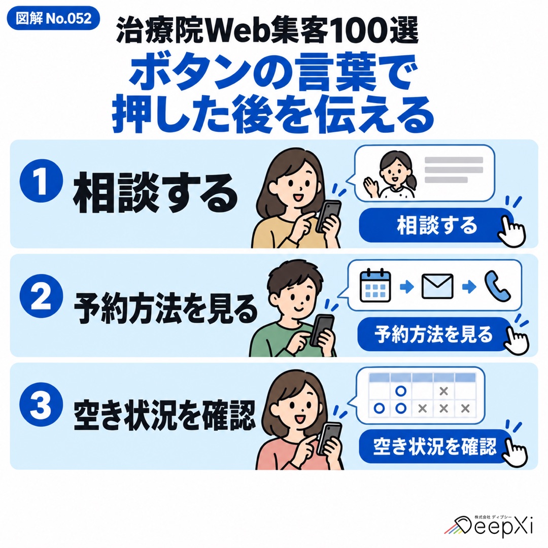 ボタンの言葉で
押した後を伝える。相談する、予約方法を見る、空き状況を確認