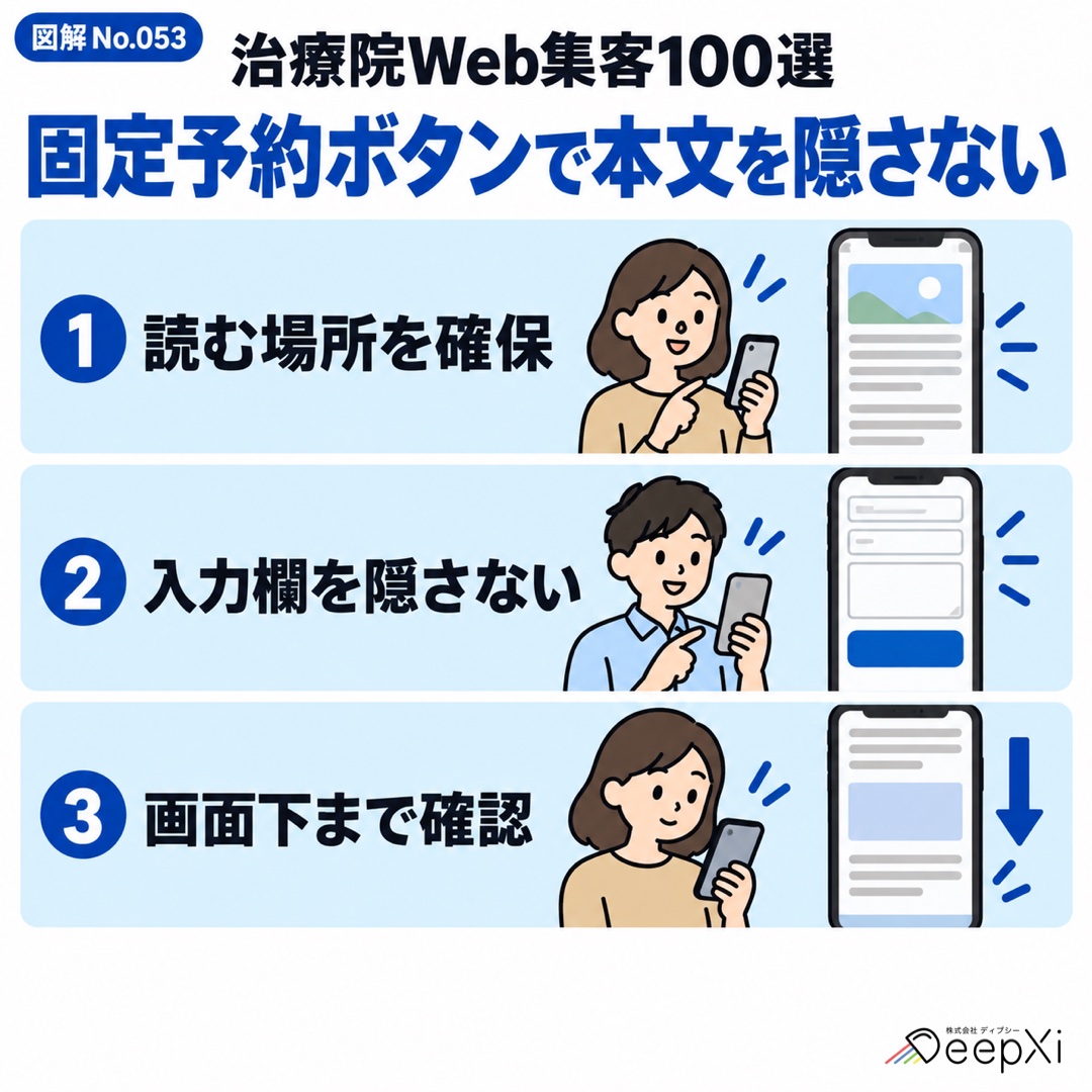 固定予約ボタンで
本文を隠さない。読む場所を確保、入力欄を隠さない、画面下まで確認
