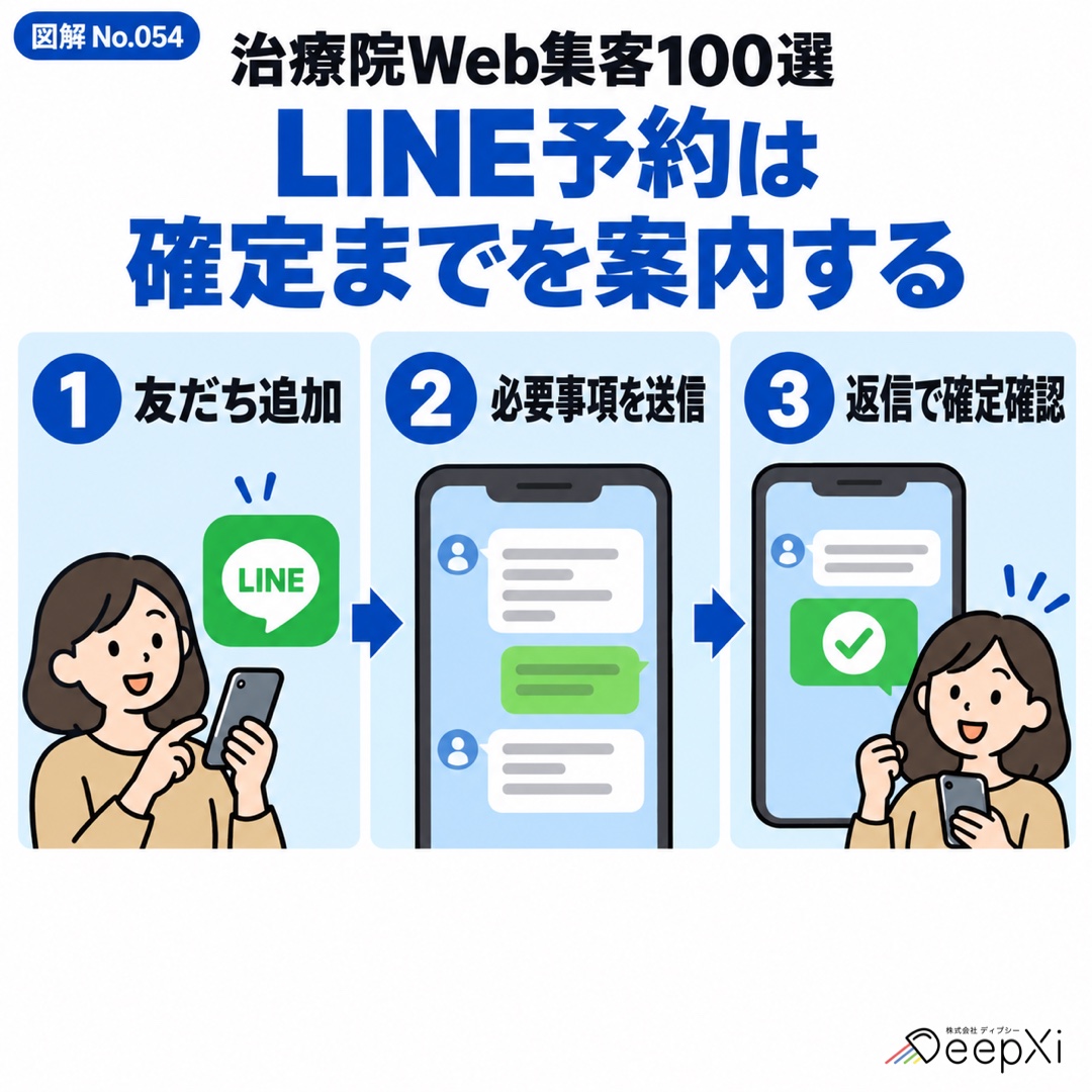 LINE予約は
確定までを案内する。友だち追加、必要事項を送信、返信で確定確認