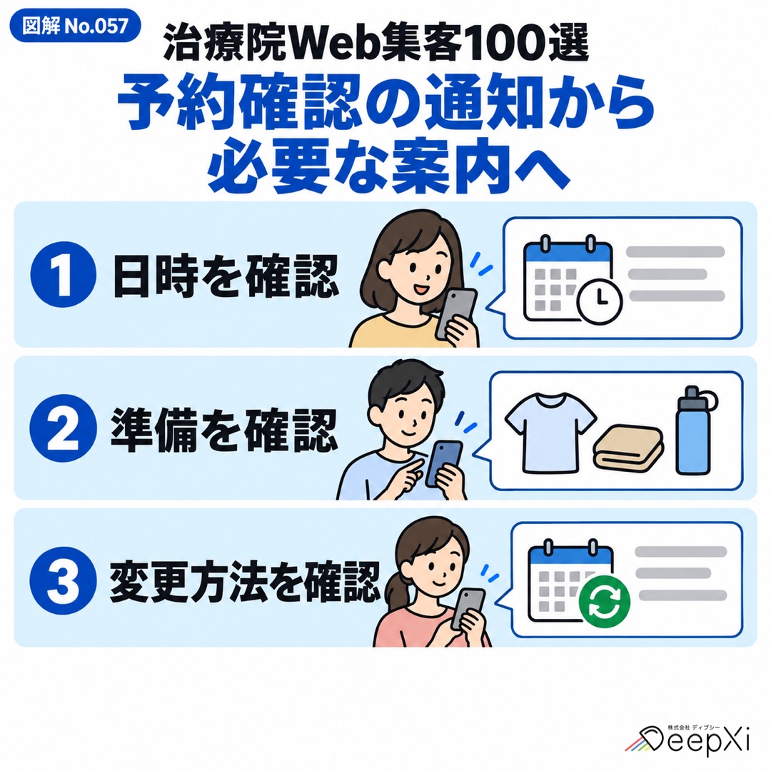 予約確認の通知から 必要な案内へ。日時を確認、準備を確認、変更方法を確認