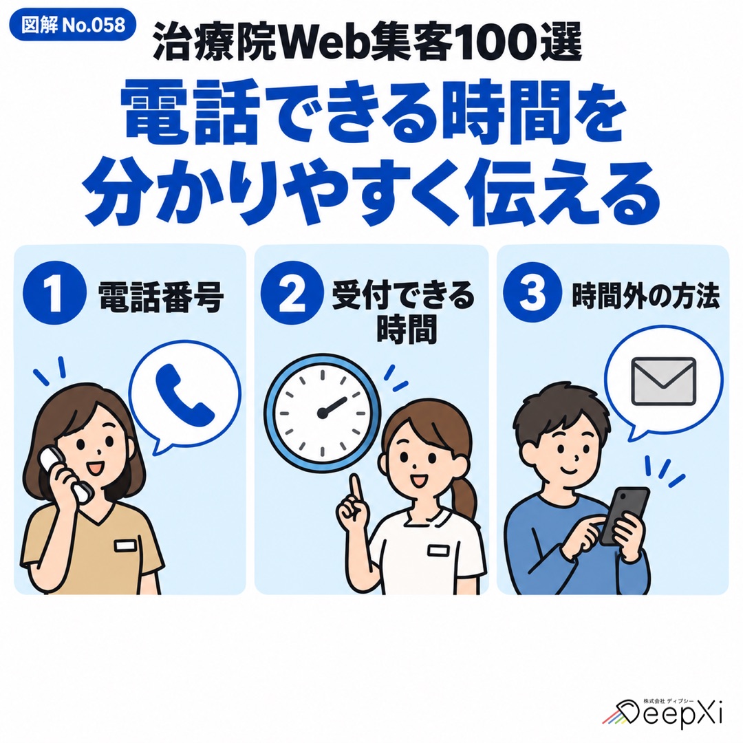 電話できる時間を
分かりやすく伝える。電話番号、受付できる時間、時間外の方法
