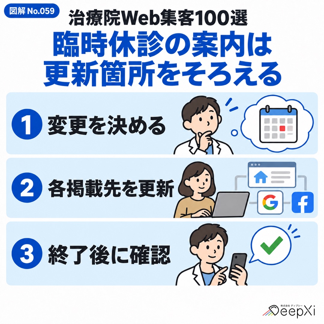 臨時休診の案内は 更新箇所をそろえる。変更を決める、各掲載先を更新、終了後に確認
