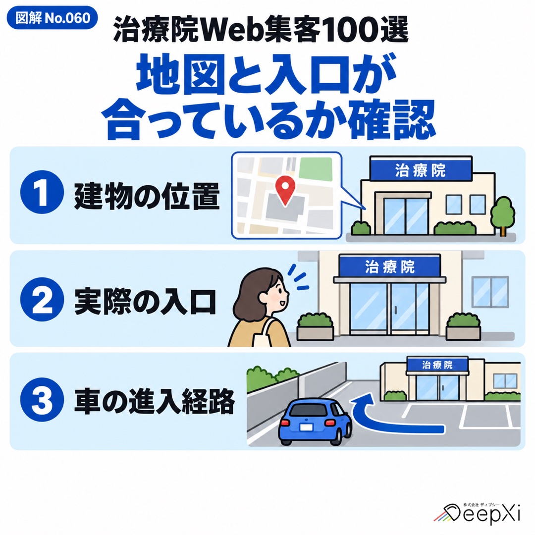 地図と入口が
合っているか確認。建物の位置、実際の入口、車の進入経路