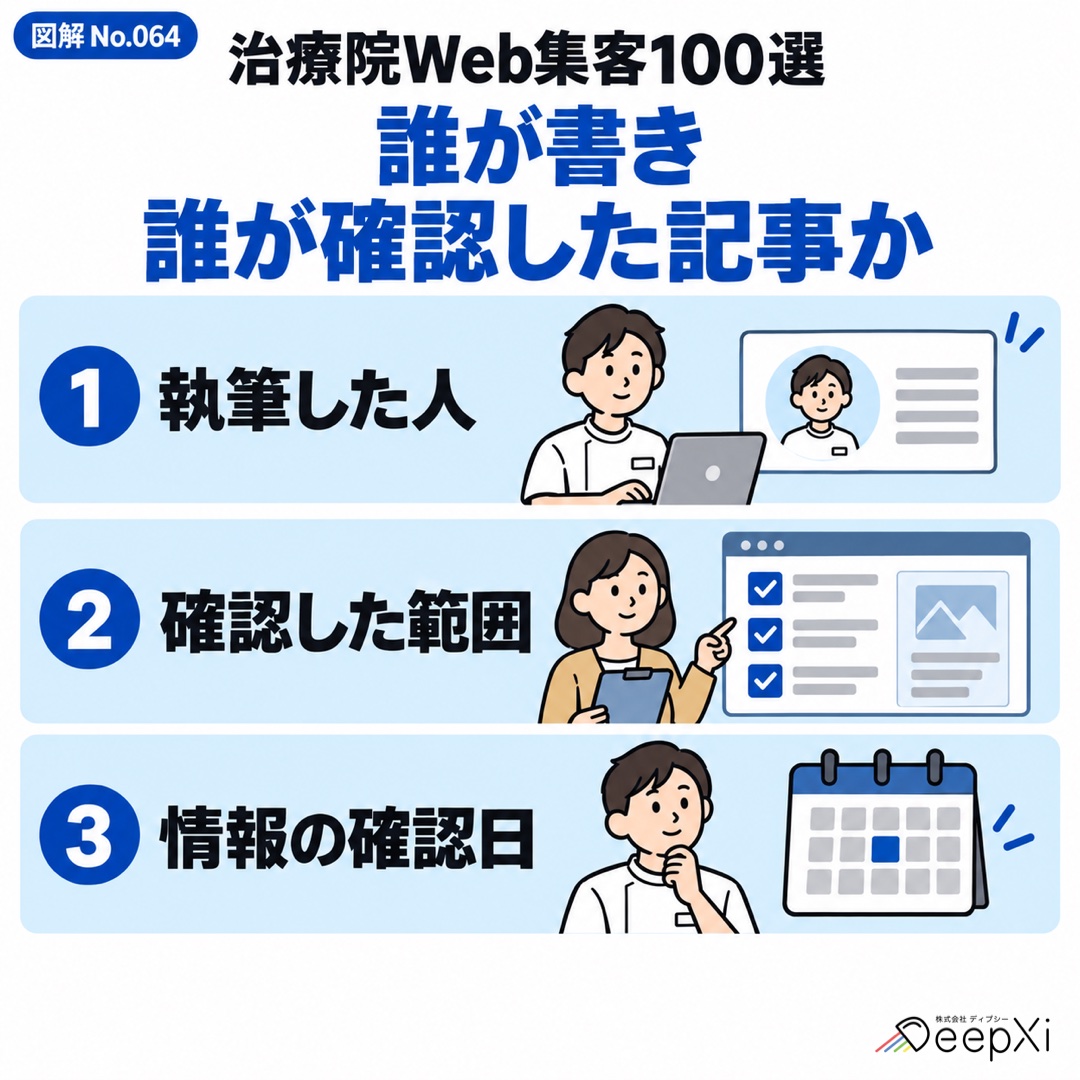 誰が書き
誰が確認した記事か。執筆した人、確認した範囲、情報の確認日