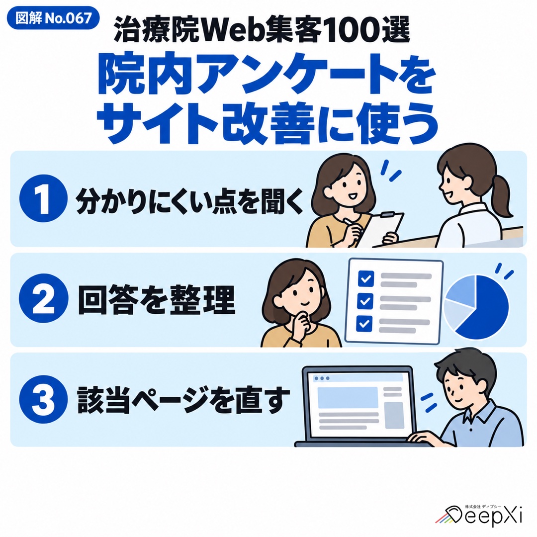 院内アンケートを サイト改善に使う。分かりにくい点を聞く、回答を整理、該当ページを直す