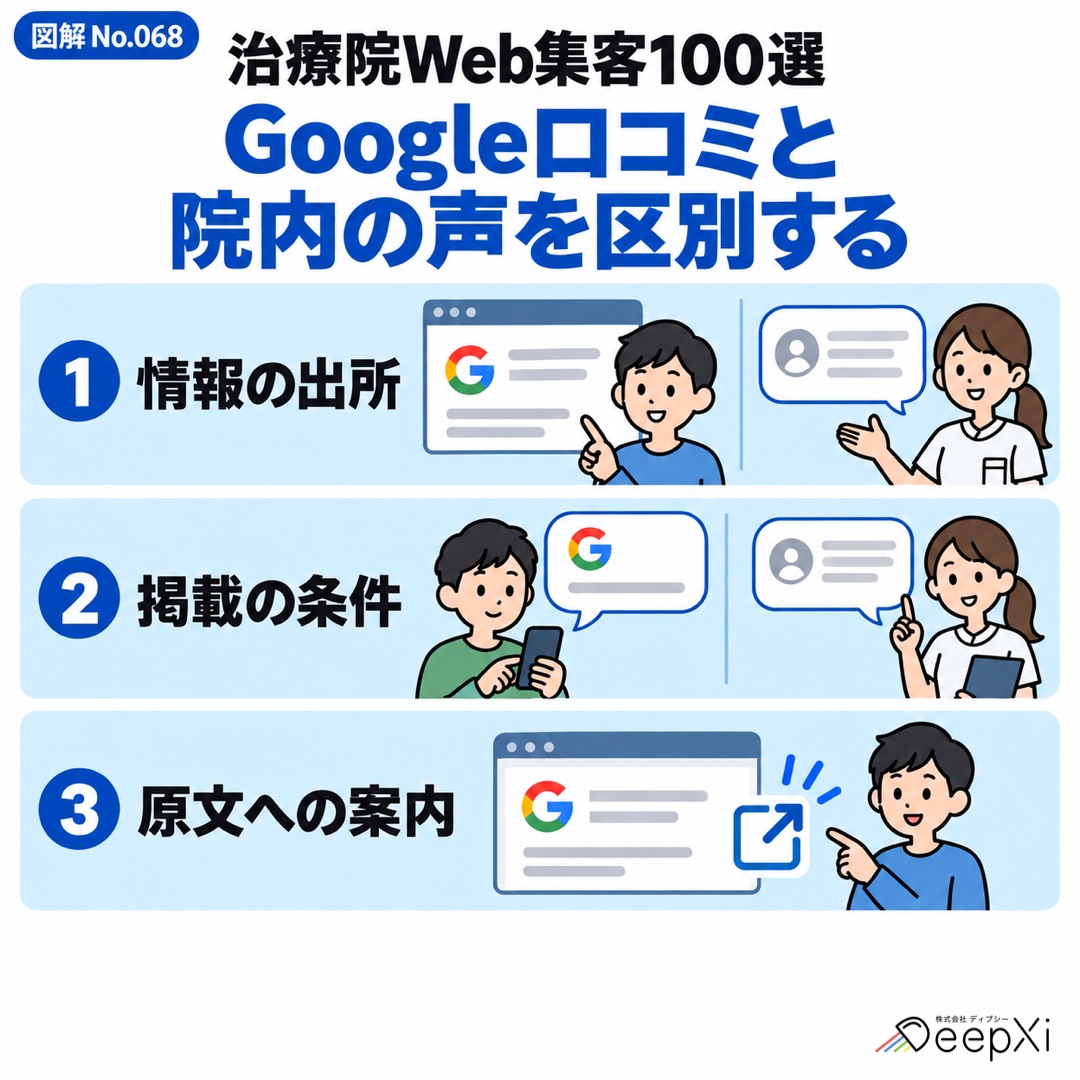 Google口コミと
院内の声を区別する。情報の出所、掲載の条件、原文への案内