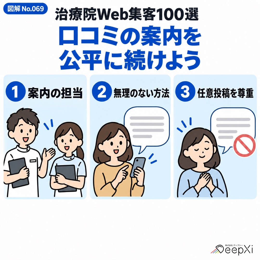 Google口コミの案内を公平に続けるため、案内方法・担当者・投稿先の確認・見直しをそろえる運用図。