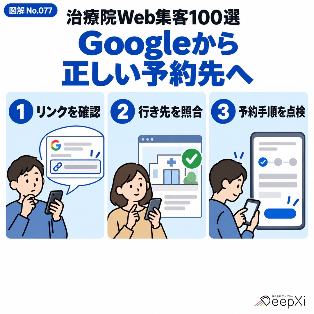 Googleから
正しい予約先へ。リンクを確認、行き先を照合、予約手順を点検