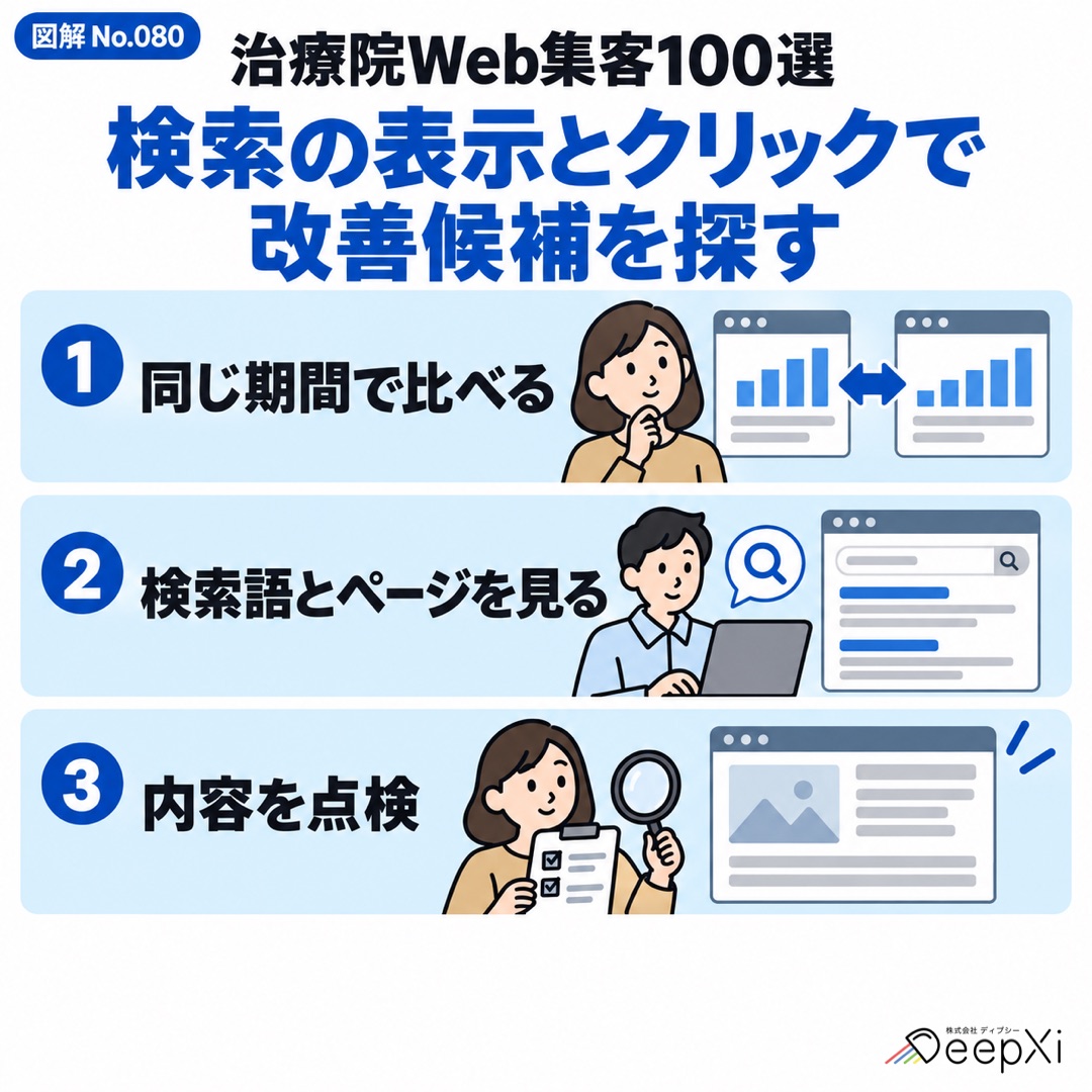 検索の表示とクリックで
改善候補を探す。同じ期間で比べる、検索語とページを見る、内容を点検