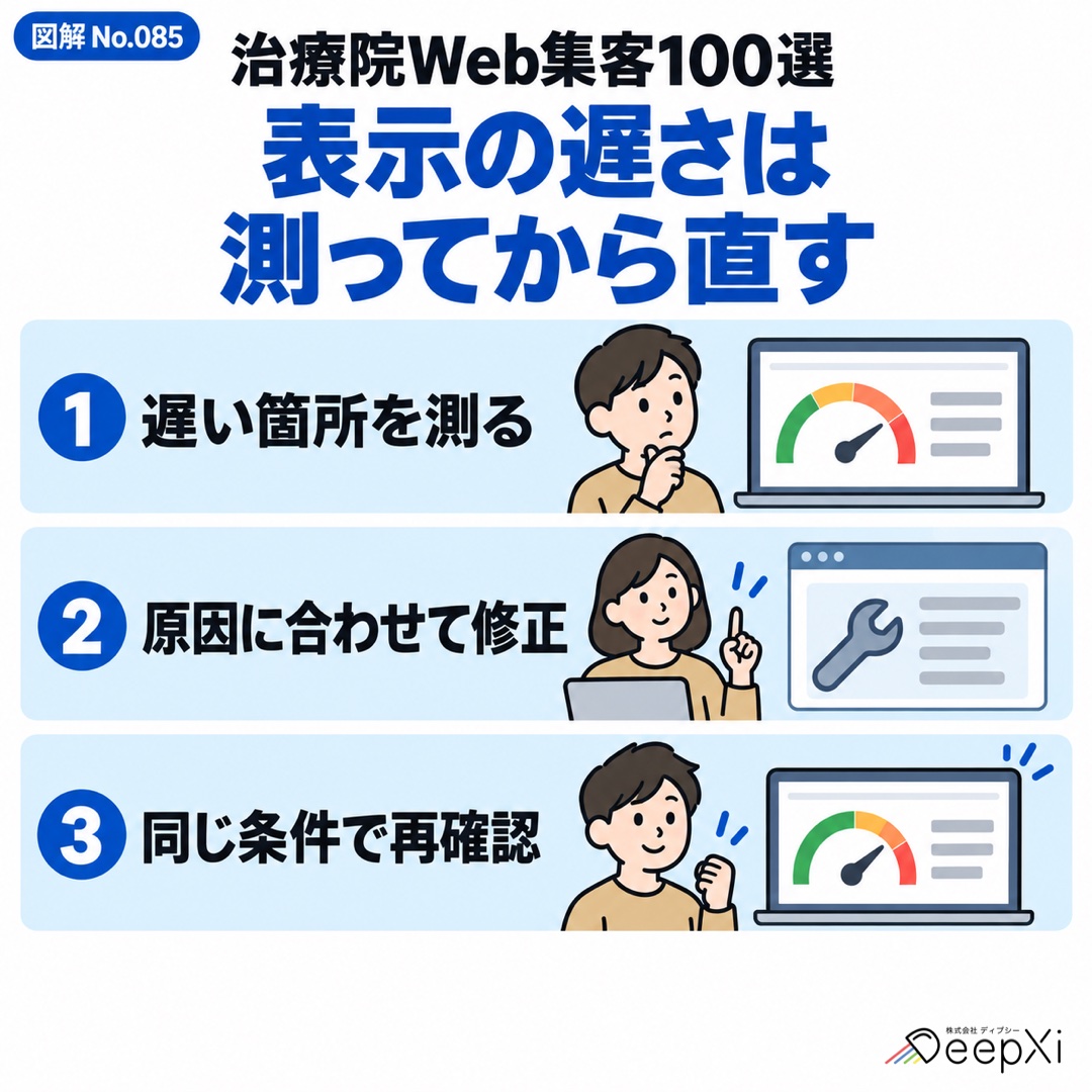 表示の遅さは
測ってから直す。遅い箇所を測る、原因に合わせて修正、同じ条件で再確認