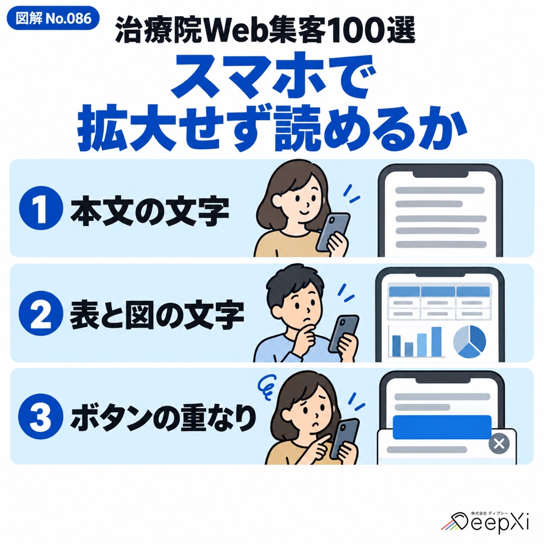 スマホで
拡大せず読めるか。本文の文字、表と図の文字、ボタンの重なり