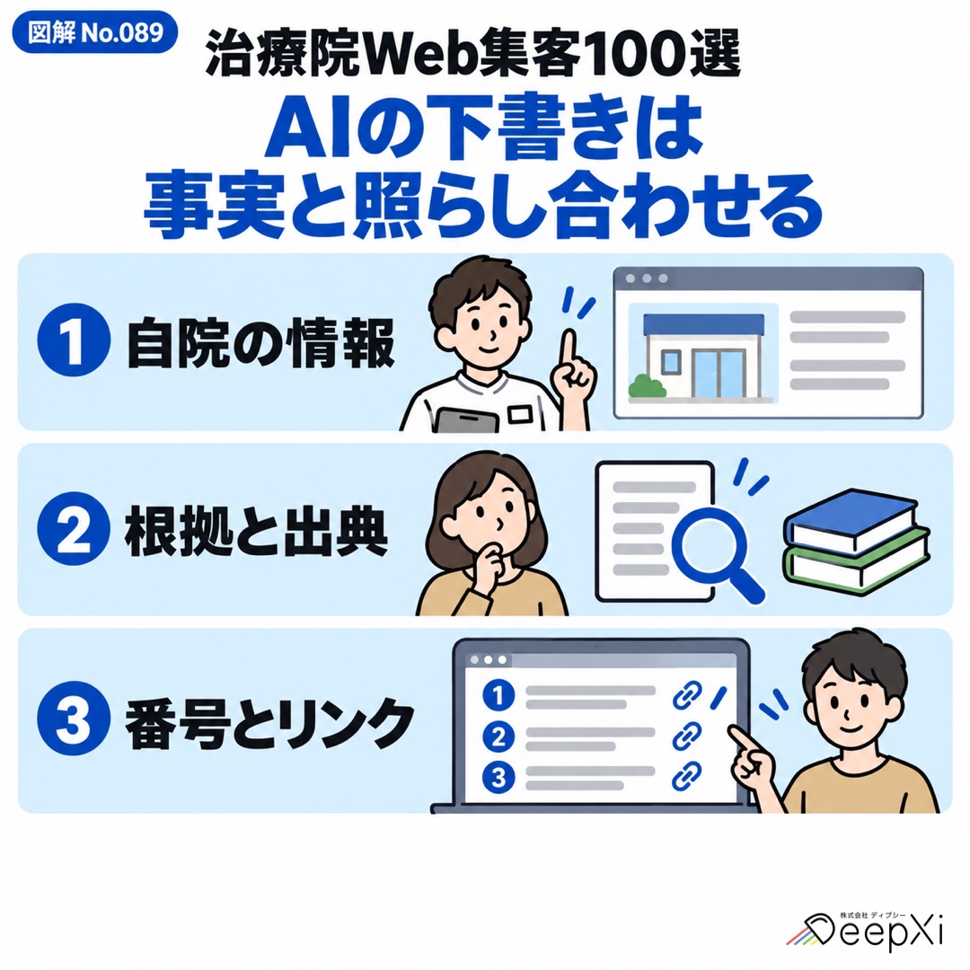 AIの下書きは 事実と照らし合わせる。自院の情報、根拠と出典、番号とリンク