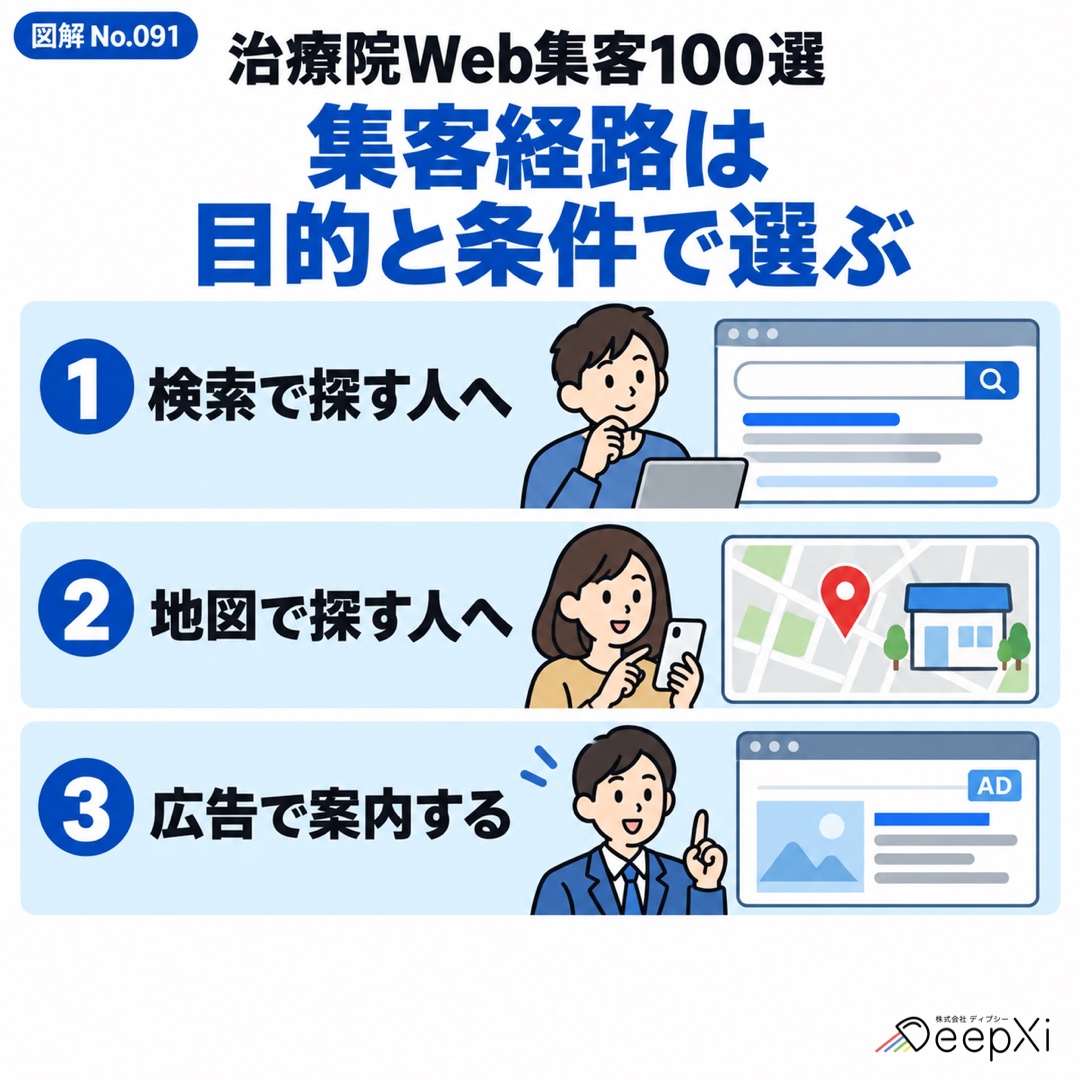 集客経路は 目的と条件で選ぶ。検索で探す人へ、地図で探す人へ、広告で案内する