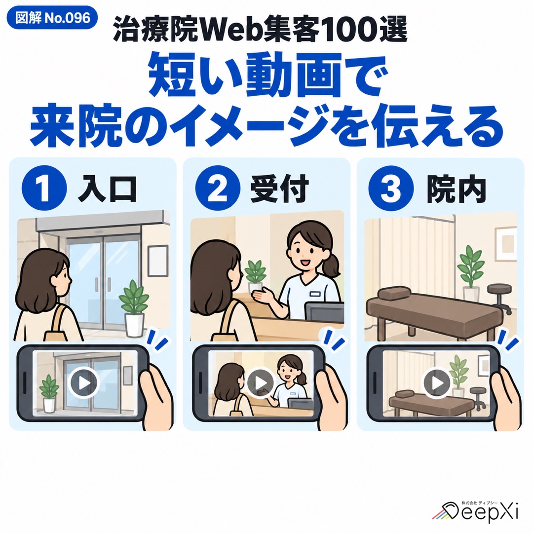 短い動画で 来院のイメージを伝える。入口、受付、院内