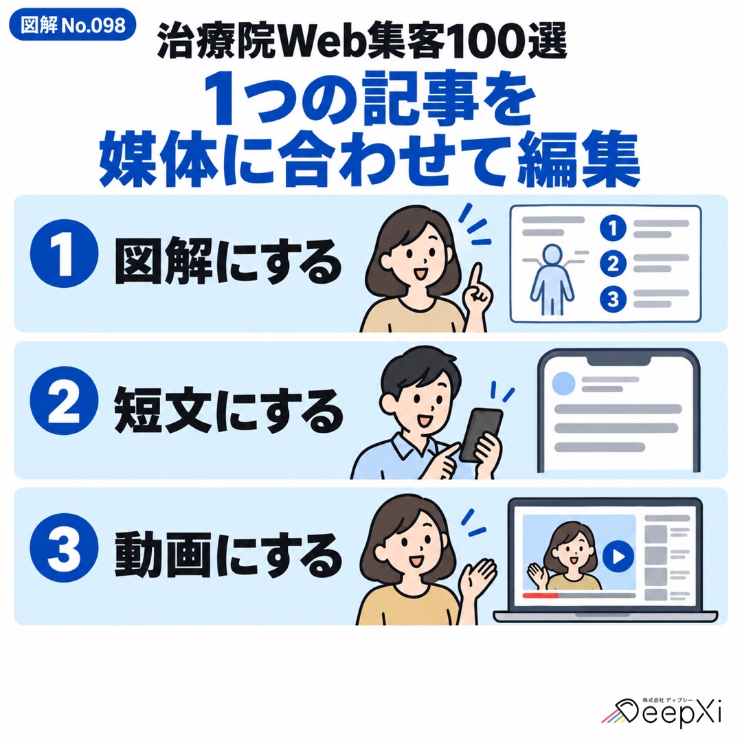1つの記事を 媒体に合わせて編集。図解にする、短文にする、動画にする